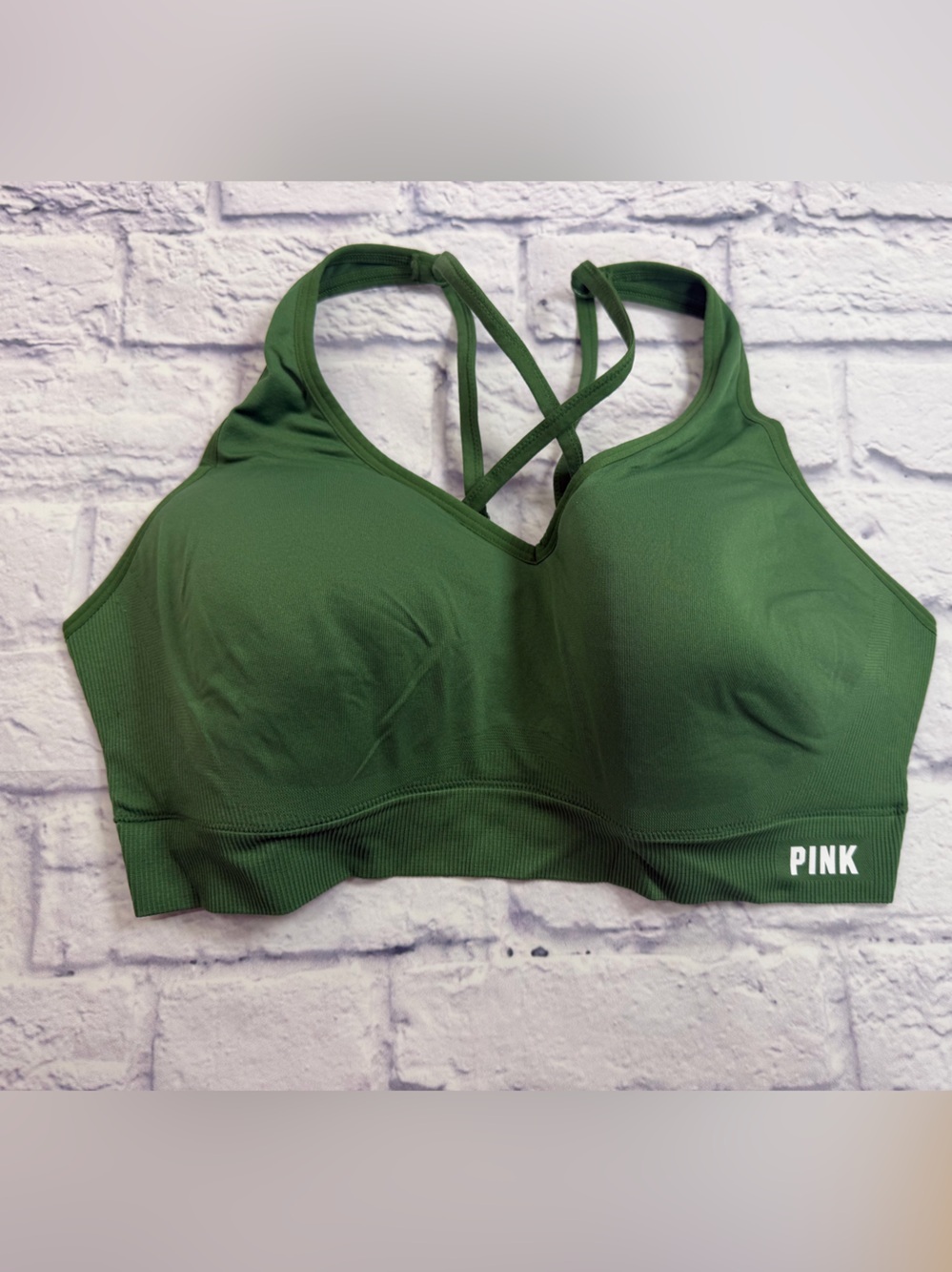 PINK Victoria's Secret Women's Strappy Sports Bra - Kelly Green & Pink. XL.